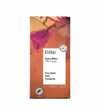 VIVANI's Fine Bitter Organic Chocolate com um teor de cacau de 71%.