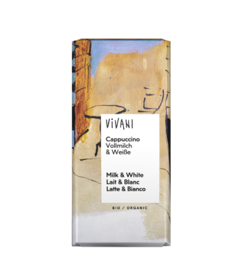 cappuccino-vollmilch-weisse-vivani-bio-schokolade VIVANIs Bio-Schokolade Cappuccino besteht aus zwei Schichten: Vollmilch-Kaffee und Weiße Schokolade.