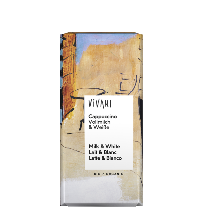 VIVANIs Bio-Schokolade Cappuccino besteht aus zwei Schichten: Vollmilch-Kaffee und Weiße Schokolade.