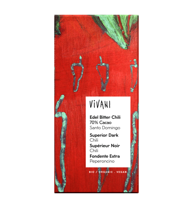 edel-bitter-chili-70-prozent-cacao-vegan-vivani-bio-schokolade VIVANIs vegane Bio-Schokolade Edel Bitter Chili mit 70 Prozent Edelkakao aus der Dominikanischen Republik.