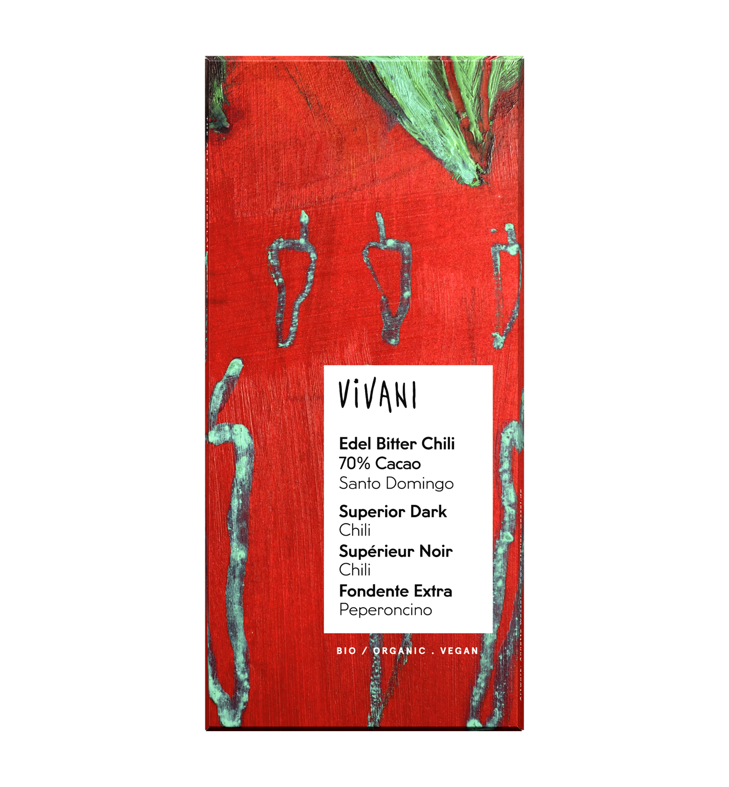 VIVANIs vegane Bio-Schokolade Edel Bitter Chili mit 70 Prozent Edelkakao aus der Dominikanischen Republik.