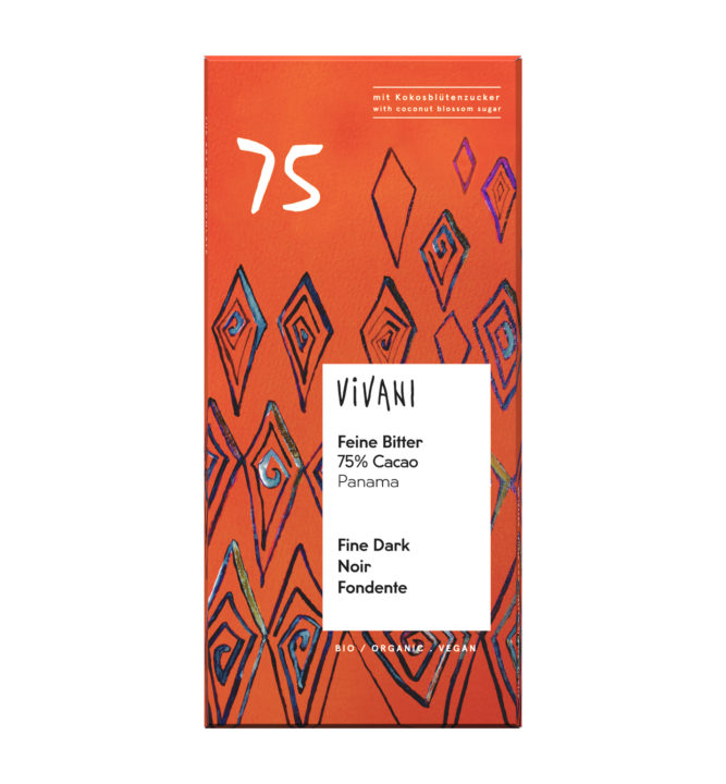 feine-bitter-75-prozent-kakao-kokosbluetenzucker-vegan-vivani-bio-schokolade VIVANIs Bio-Schokolade Feine Bitter mit 75 Prozent panamaischem Kakao und Kokosblütenzucker.