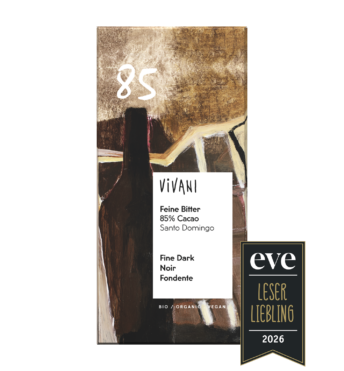 Die vegane Sorte Feine Bitter 85 % Cacao von VIVANI Bio-Schokolade mit der Auszeichnung Eve Leserliebling 2026.