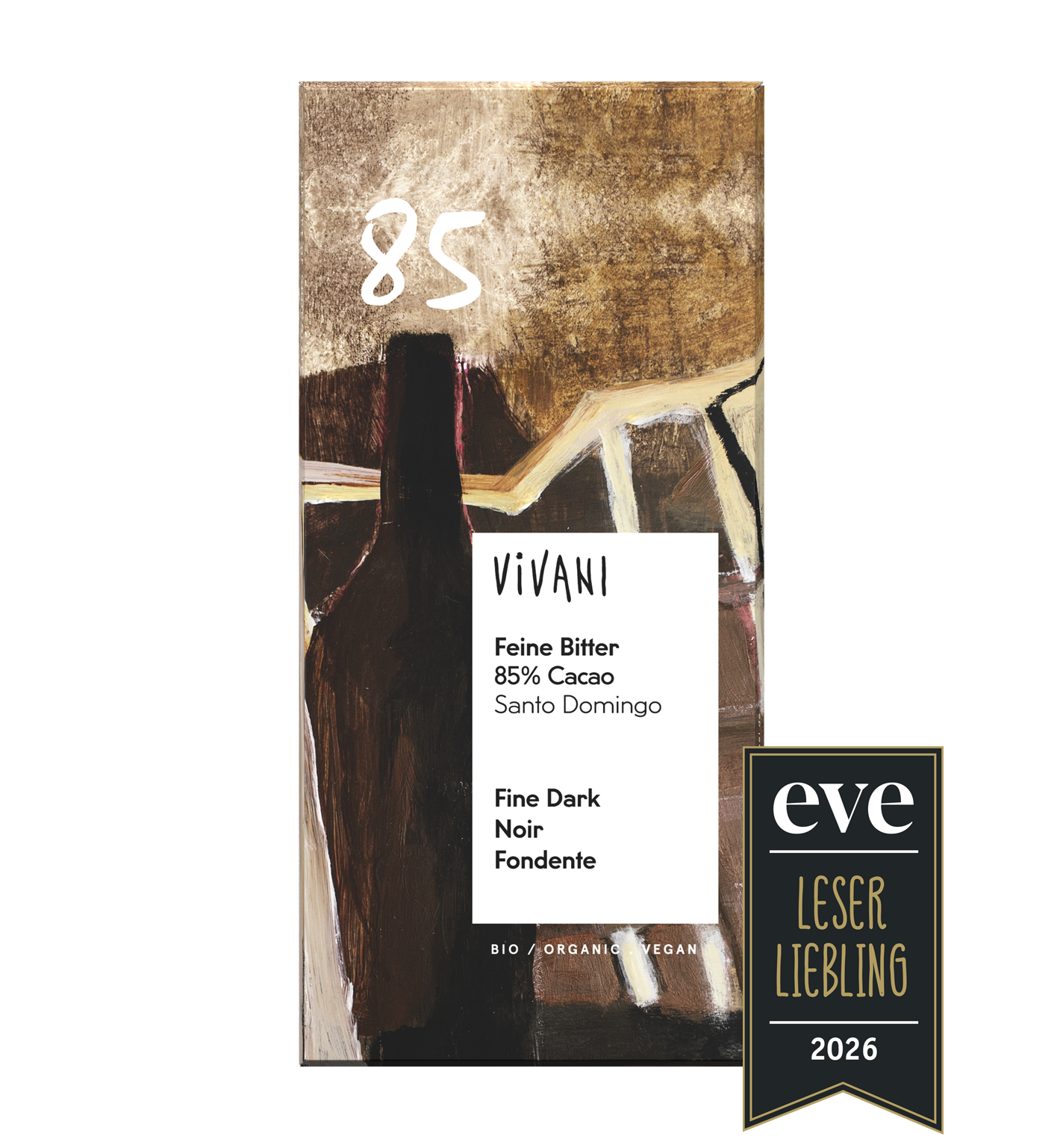 Die vegane Sorte Feine Bitter 85 % Cacao von VIVANI Bio-Schokolade mit der Auszeichnung Eve Leserliebling 2026.