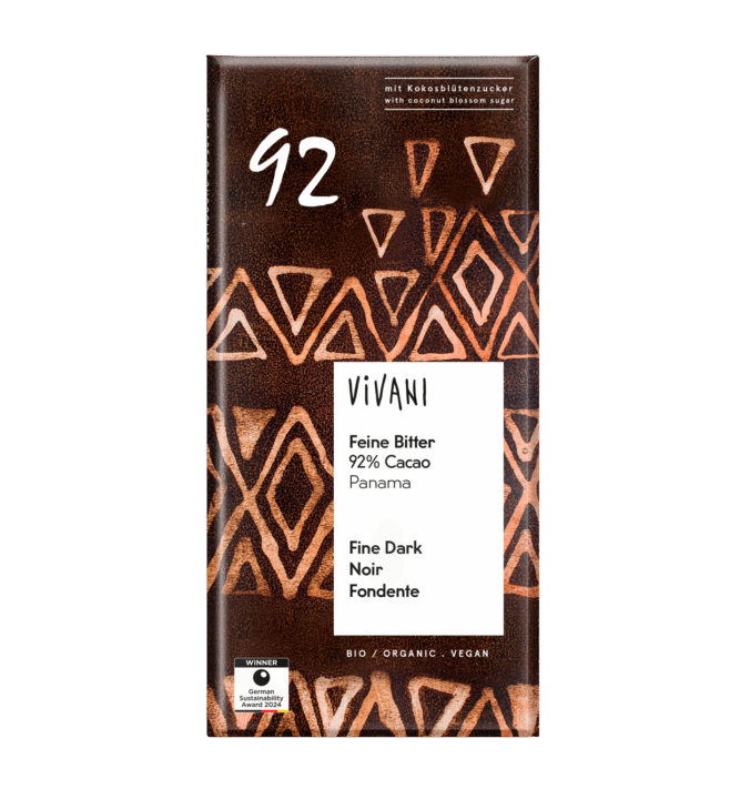 VIVANIs Bio-Schokolade Feine Bitter mit 92 Prozent panamaischem Kakao und Kokosblütenzucker