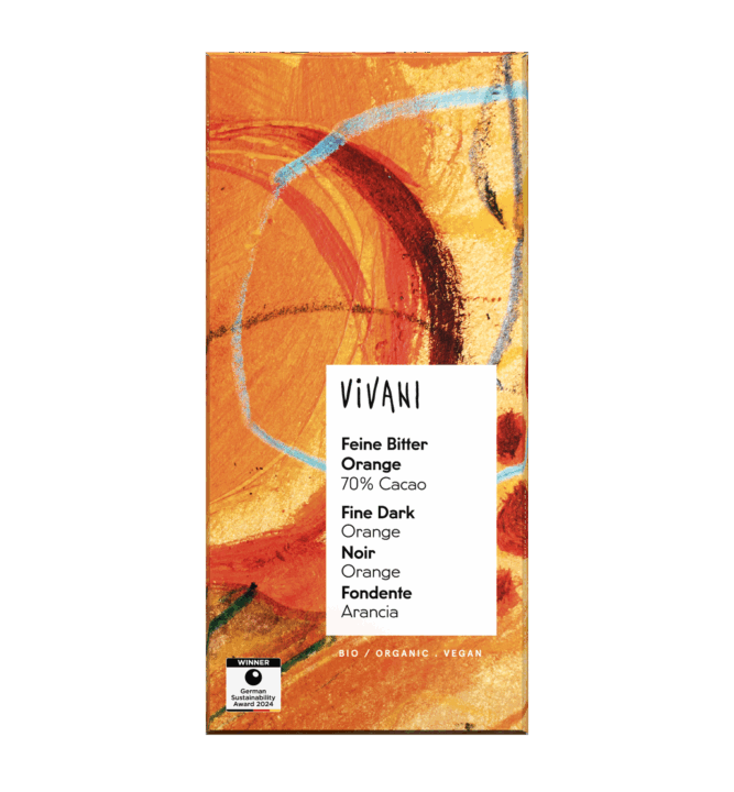 feine-bitter-orange-70-prozent-cacao-vivani-bio-schokolade VIVANIs vegane Bio-Schokolade Feine Bitter Orange.