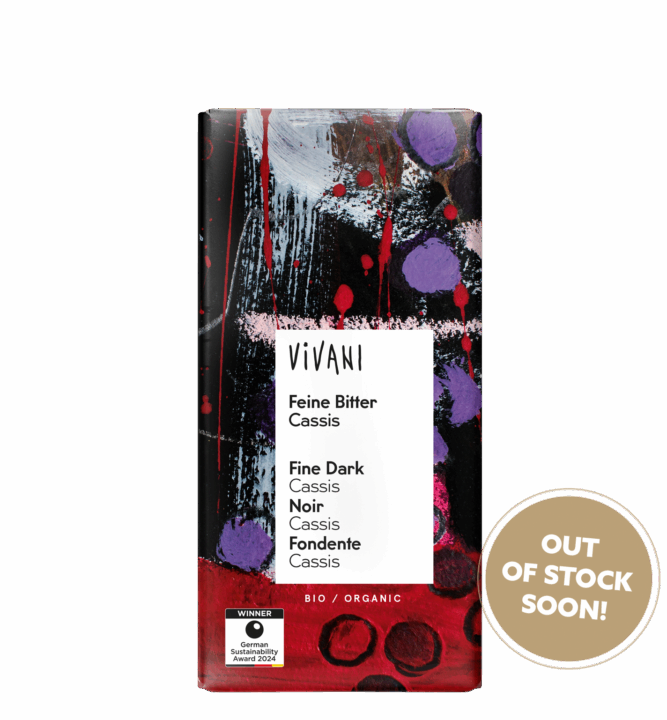 fine-dark-cassis-vivani-organic-chocolate-out-soon VIVANI's organic Fine Dark Cassis Chocolate with delicious cassis filling.