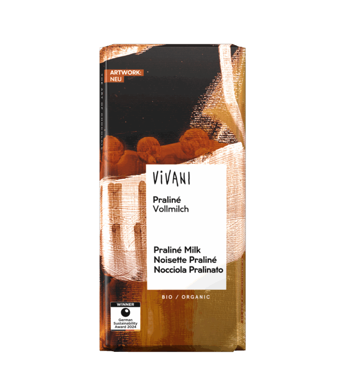praline-vollmilch-nougat-vivani-bio-schokolade VIVANIs Bio-Schokolade Praliné Vollmilch mit Nougatfüllung.