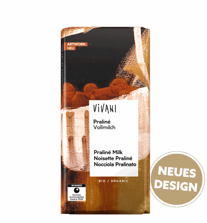 VIVANIs Bio-Schokolade Praliné Vollmilch mit Nougatfüllung.