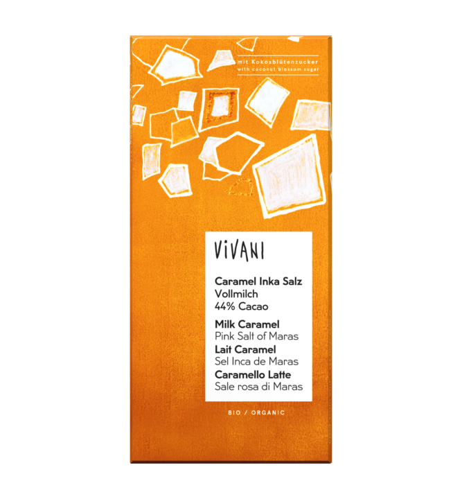 vollmilch-caramel-salz-kokosbluetenzucker-vivani-bio-schokolade VIVANIs Bio-Vollmilch Schokolade Caramel mit Inka Sonnensalz aus den Anden und Kokosblütenzucker.