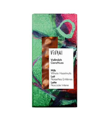 vollmilch-ganze-nuss-vivani-bio-schokolade VIVANIs Vollmilch Bio-Schokolade mit gerösteten, ganzen Haselnüssen.