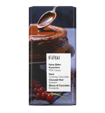 Vegane Feine Bitter Kuvertüre von VIVANI Bio-Schokolade mit 70 Prozent Kakaogehalt.