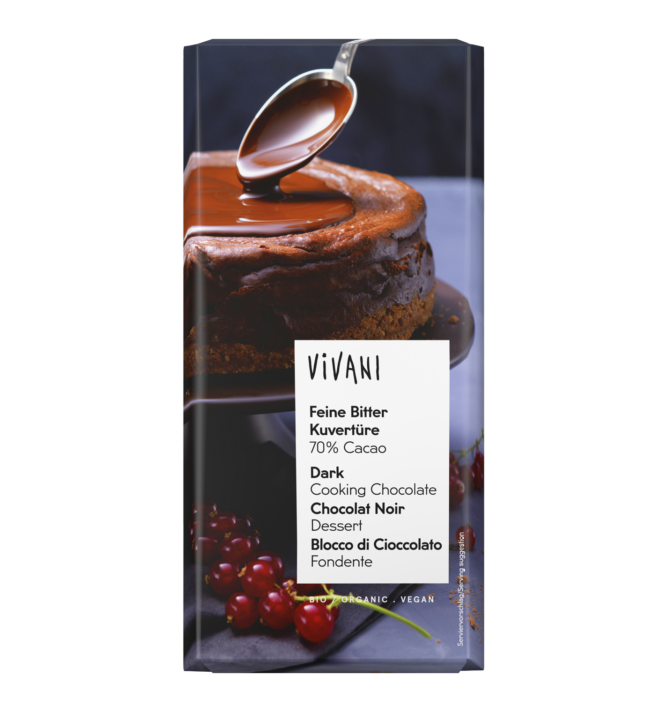 Vegane Feine Bitter Kuvertüre von VIVANI Bio-Schokolade mit 70 Prozent Kakaogehalt.
