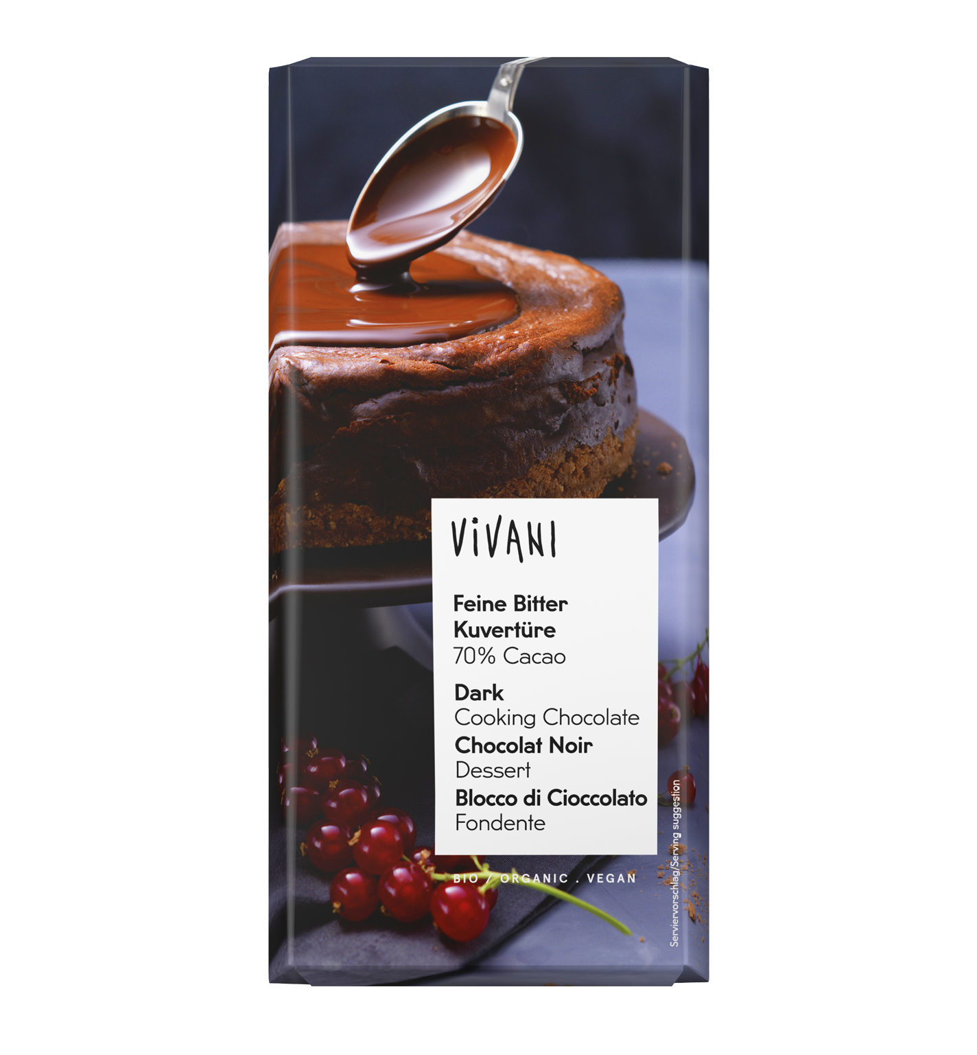 Vegane Feine Bitter Kuvertüre von VIVANI Bio-Schokolade mit 70 Prozent Kakaogehalt.