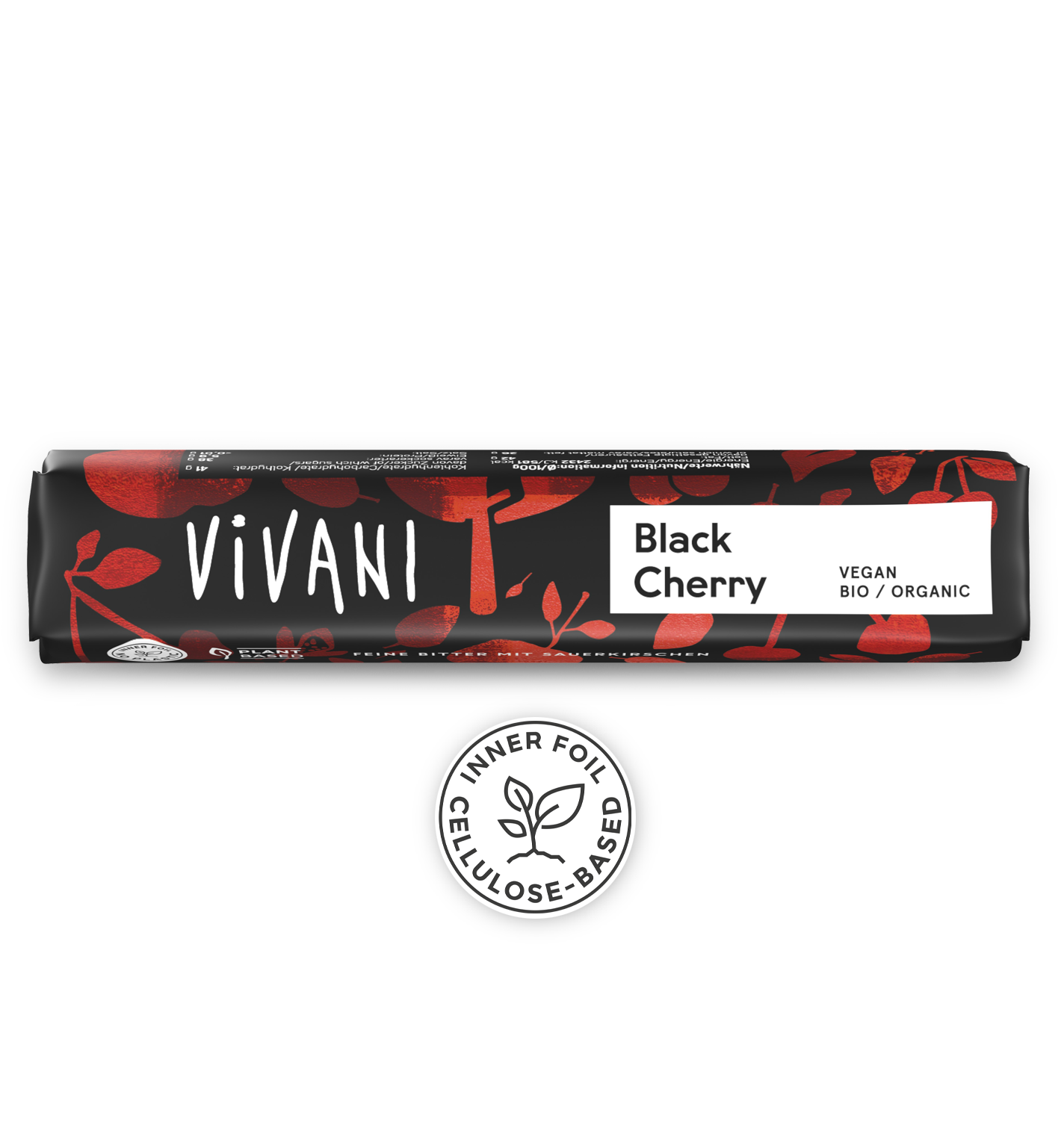 VIVANI's organic and vegan chocolate bar Black Cherry with sour cherry crisp