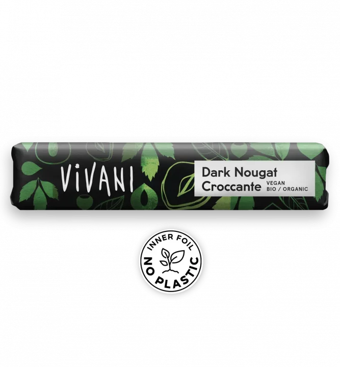 VIVANI's organic and vegan chocolate bar Dark Nougat Croccante with crunchy hazelnut brittle