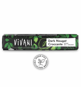 Barre au chocolat bio végétalien Dark Nougat Croccante de VIVANI, avec une forte teneur en noisettes et un croquant aux noisettes