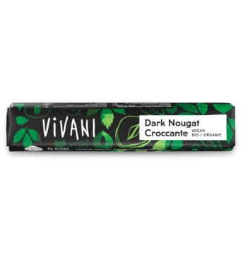 dark-nougat-croccante-riegel-vivani-bio-schokolade VIVANIs veganer Bio-Schokoladenriegel Dark Nougat Croccante mit hohem Nussanteil und knackigem Haselnusskrokant.