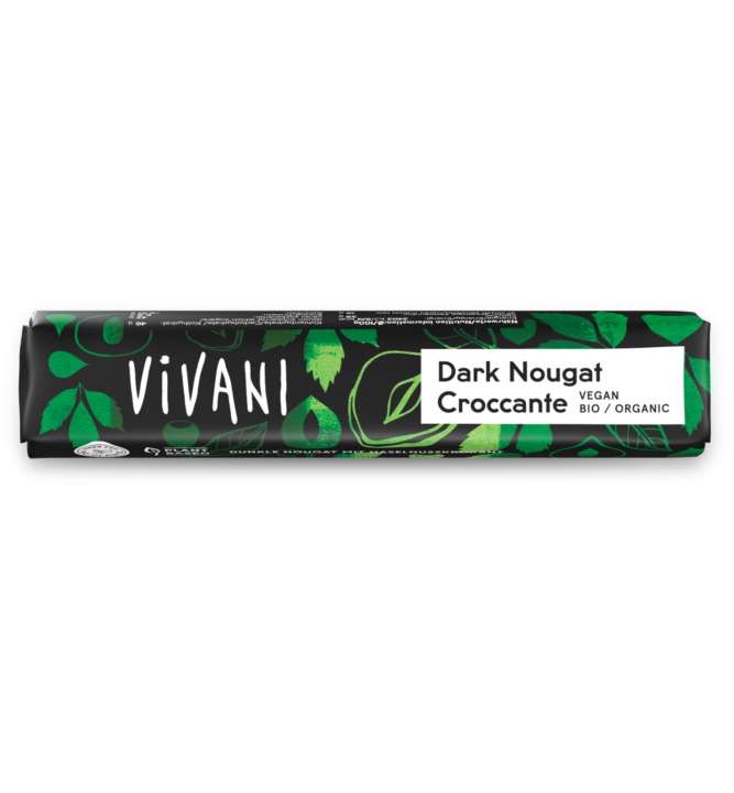 dark-nougat-croccante-riegel-vivani-bio-schokolade VIVANIs veganer Bio-Schokoladenriegel Dark Nougat Croccante mit hohem Nussanteil und knackigem Haselnusskrokant.