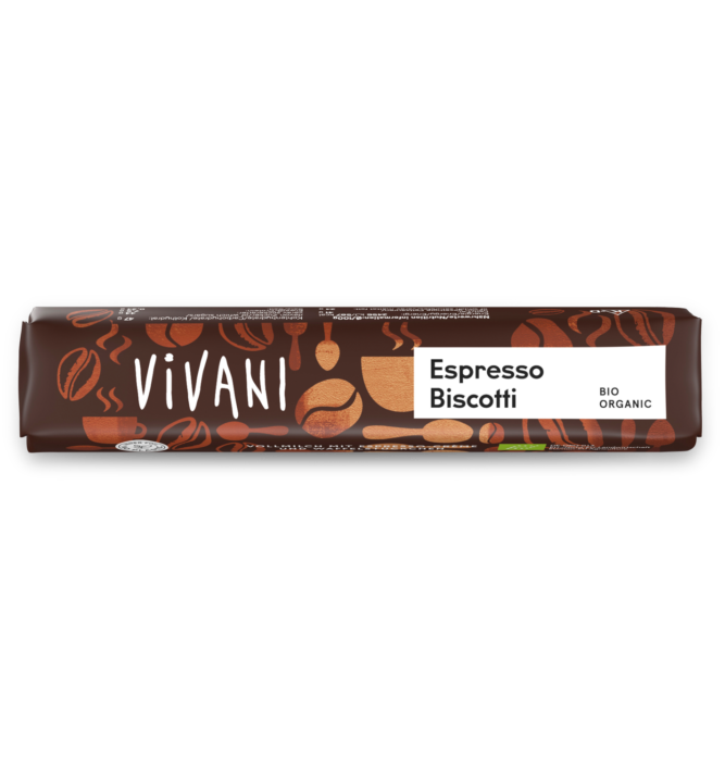espresso-biscotti-riegel-vivani-bio-schokolade VIVANIs Bio-Schokoladenriegel Espresso Biscotti mit Espresso-Crème und Waffelstückchen.