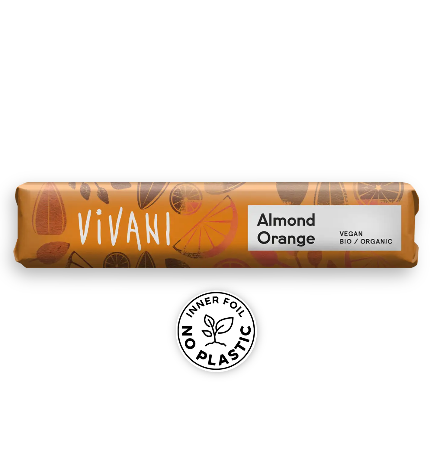 VIVANI's organic and vegan chocolate bar Almond Orange with ricemilk-chocolate, orange bits and chopped almonds