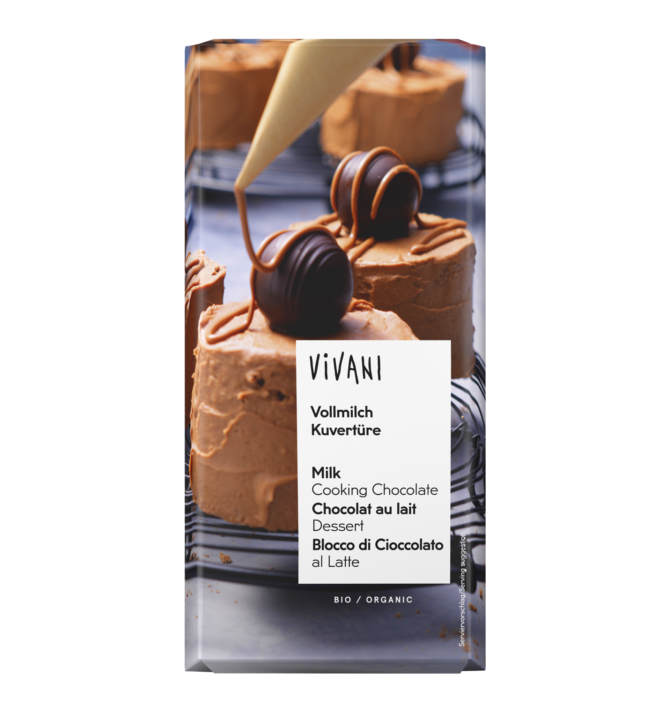 Vollmilch Kuvertüre von VIVANI Bio-Schokolade mit 35 Prozent Kakaogehalt.