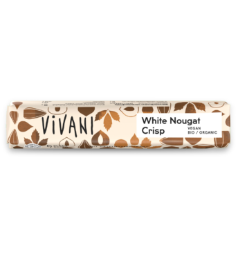 white-nougat-crisp-chocolate-snack-bar-organic-vivani VIVANI's organic and vegan chocolate bar White Nougat Crisp with crunchy hazelnut brittle.
