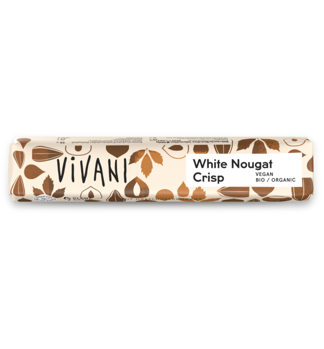 white-nougat-crisp-chocolate-snack-bar-organic-vivani VIVANI's organic and vegan chocolate bar White Nougat Crisp with crunchy hazelnut brittle.