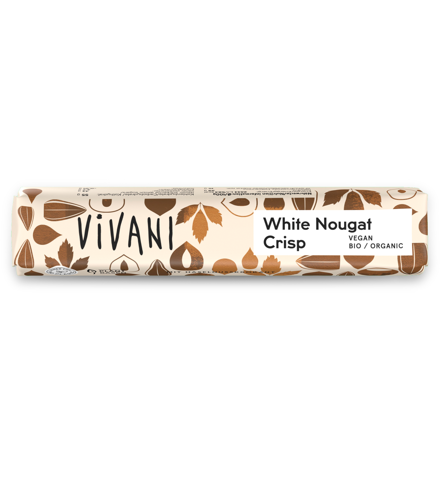 VIVANI's organic and vegan chocolate bar White Nougat Crisp with crunchy hazelnut brittle.