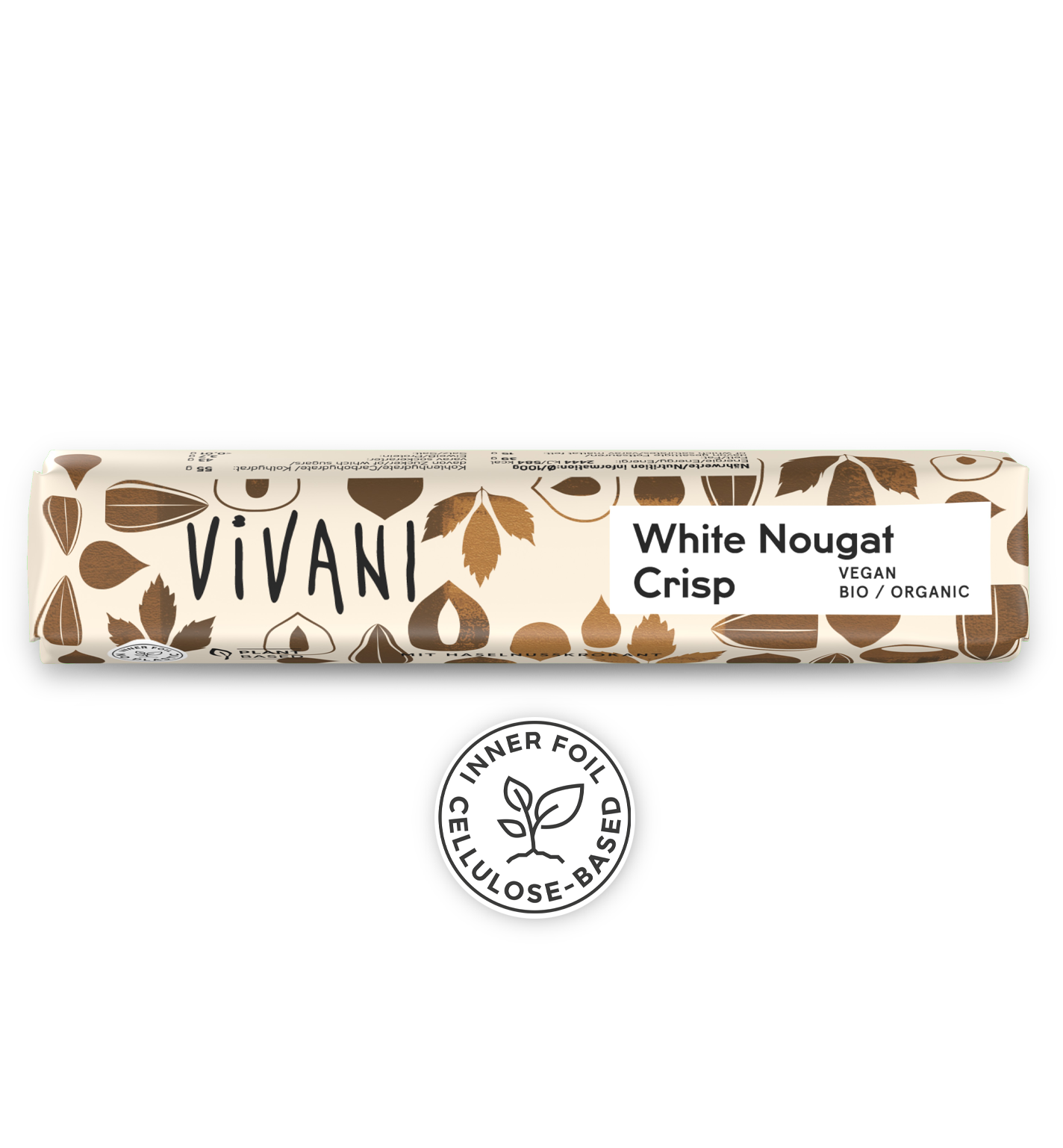VIVANI's organic and vegan chocolate bar White Nougat Crisp with crunchy hazelnut brittle