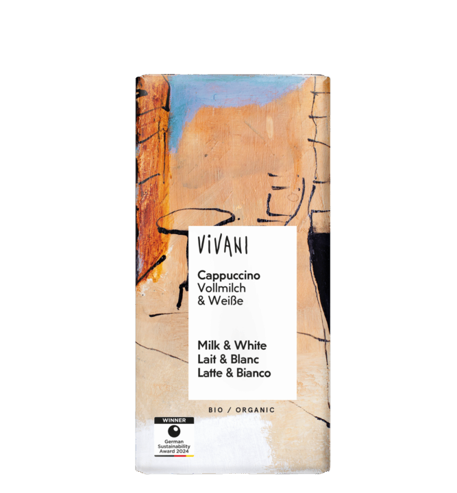 VIVANI's organic Cappuccino Chocolate has two layers - white and milk coffee chocolate