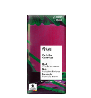VIVANI's organic and vegan Dark Chocolate with roasted whole hazelnuts