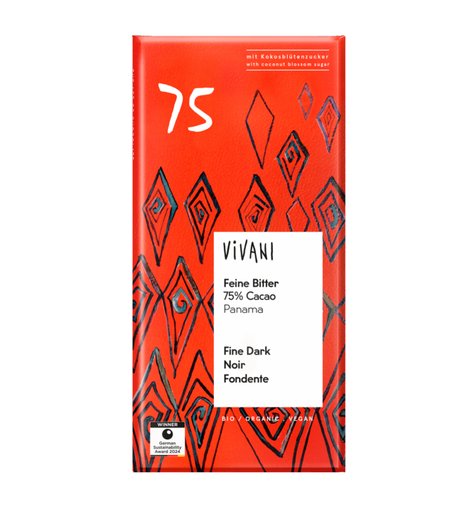 VIVANI's organic chocolate Fine Dark with 75 percent Panamanian cocoa and coconut blossom sugar