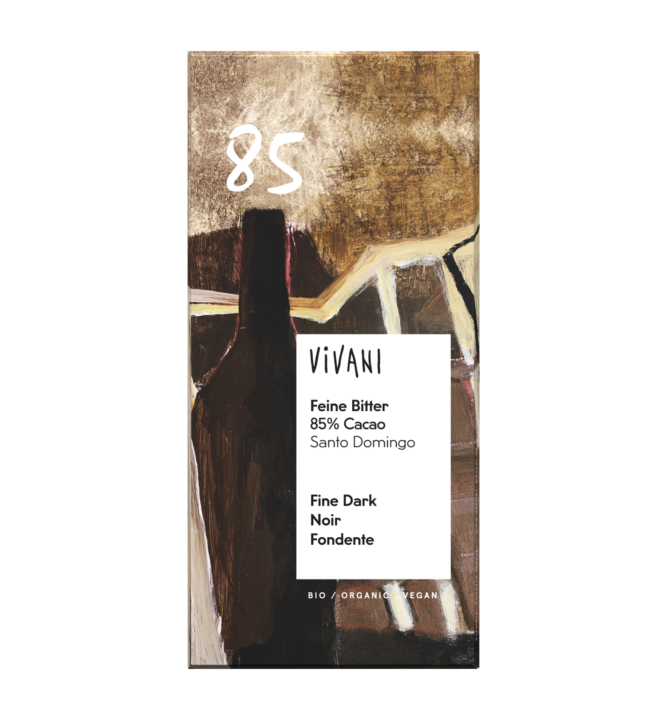 fine-dark-85-percent-cocoa-vegan-vivani-organic-chocolate The vegan variety Fine Dark 85 % Cocoa from Vivani Organic Chocolate.