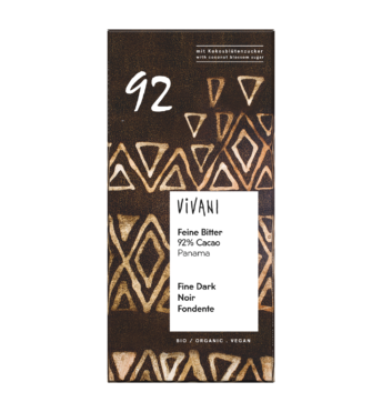fine-dark-92-percent-cocoa-coconut-blossom-sugar-vegan-vivani-organic-chocolate VIVANI's organic chocolate Fine Dark with 92 percent Panamanian cocoa and coconut blossom sugar.