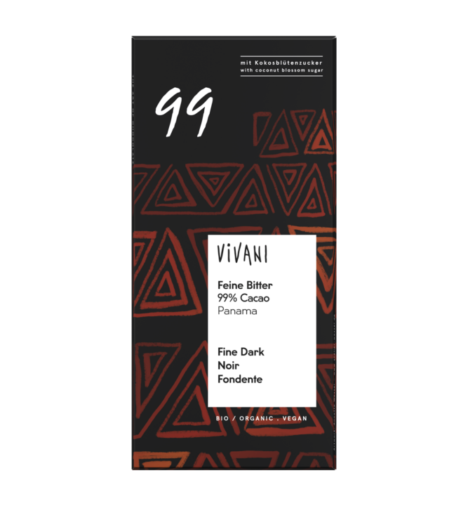 fine-dark-99-percent-cocoa-coconut-blossom-sugar-vegan-vivani-organic-chocolate VIVANI's organic chocolate Fine Dark with 99 percent Panamanian cocoa and coconut blossom sugar.