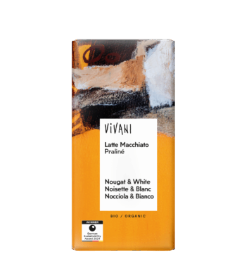 VIVANI's organic Chocolate Latte Macchiato Praliné with Nougat and White Espresso Crisp Chocolate