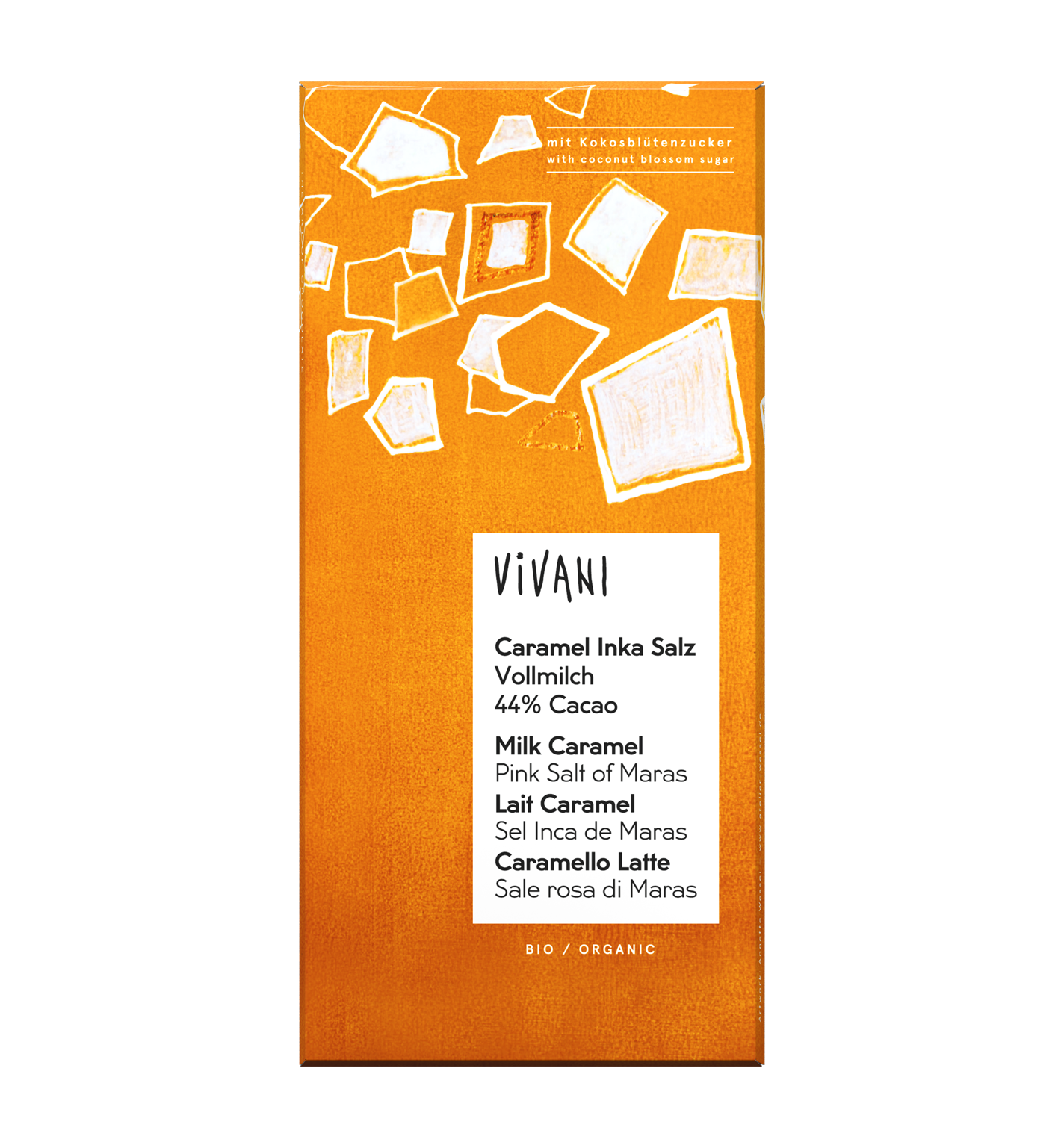 VIVANI's organic Milk Chocolate with Pink Salt of Maras from the Andes and coconut blossom sugar.