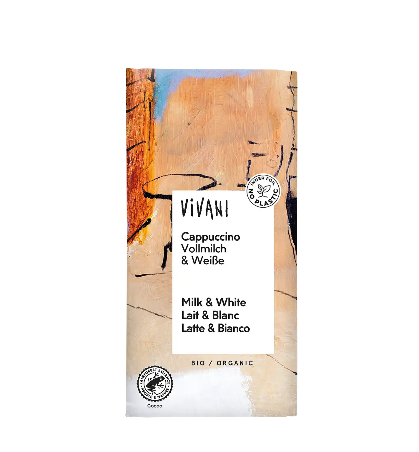VIVANI's organic Cappuccino Chocolate has two layers - white and milk coffee chocolate
