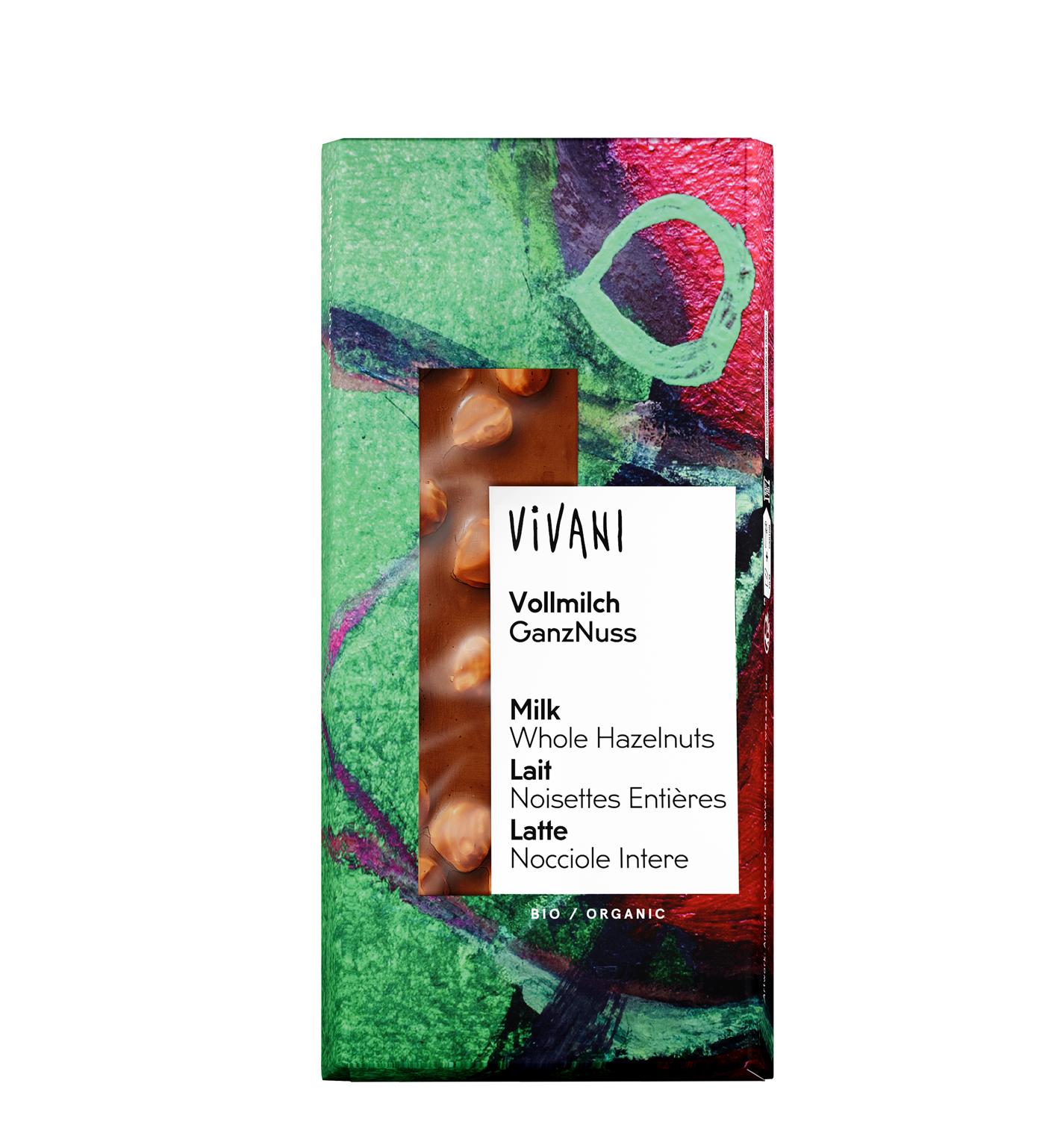 VIVANI's organic Milk Chocolate with roasted whole hazelnuts.