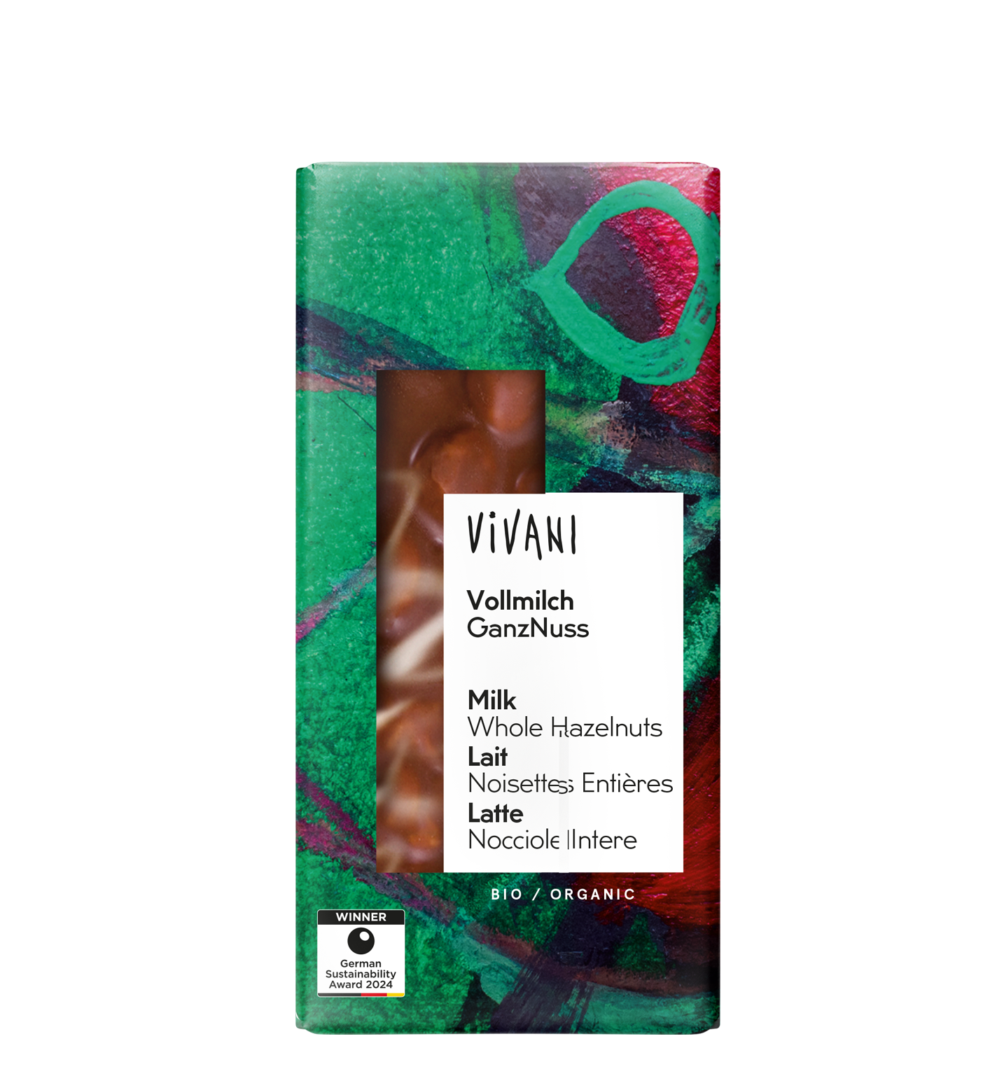 VIVANI's organic Milk Chocolate with roasted whole hazelnuts