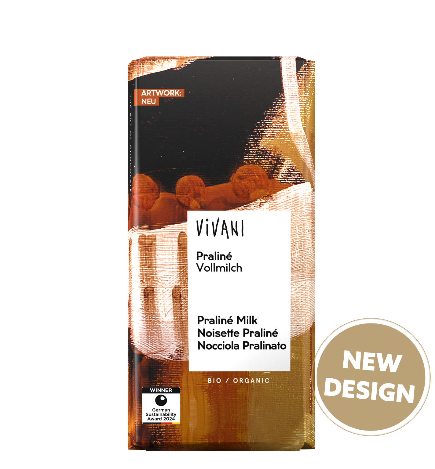 VIVANI's organic Praliné Milk Chocolate with nougat filling.