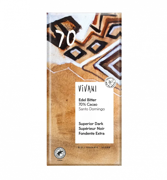 VIVANI's vegan organic chocolate Superior Dark with 70 percent finest Arriba Cocoa from the Dominican Republic.
