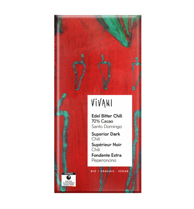 VIVANI's vegan and organic chocolate Superior Dark Chili with 70 percent fine flavour cocoa from the Dominican Republic