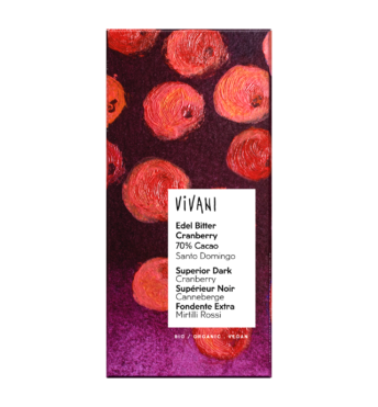 VIVANI's organic and vegan chocolate Superior Dark Cranberry with 70 percent finest Arriba Cocoa from the Dominican Republic.