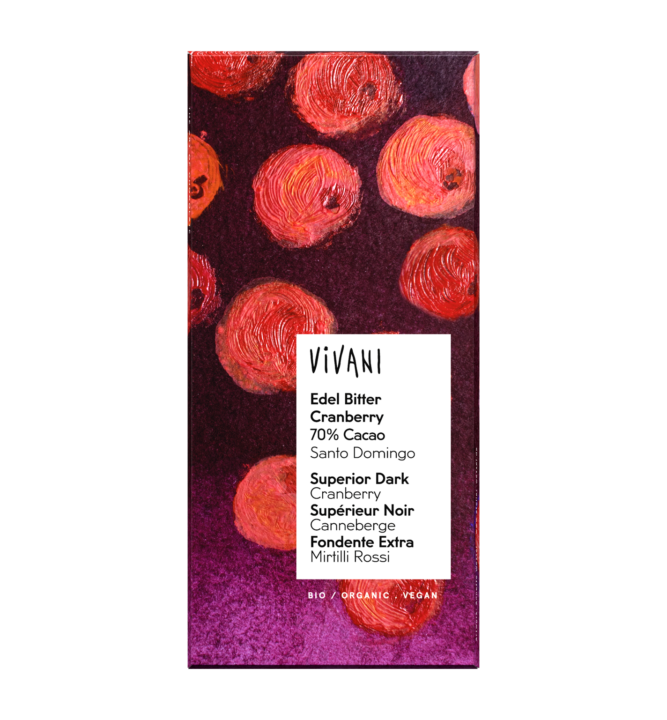 VIVANI's organic and vegan chocolate Superior Dark Cranberry with 70 percent finest Arriba Cocoa from the Dominican Republic.