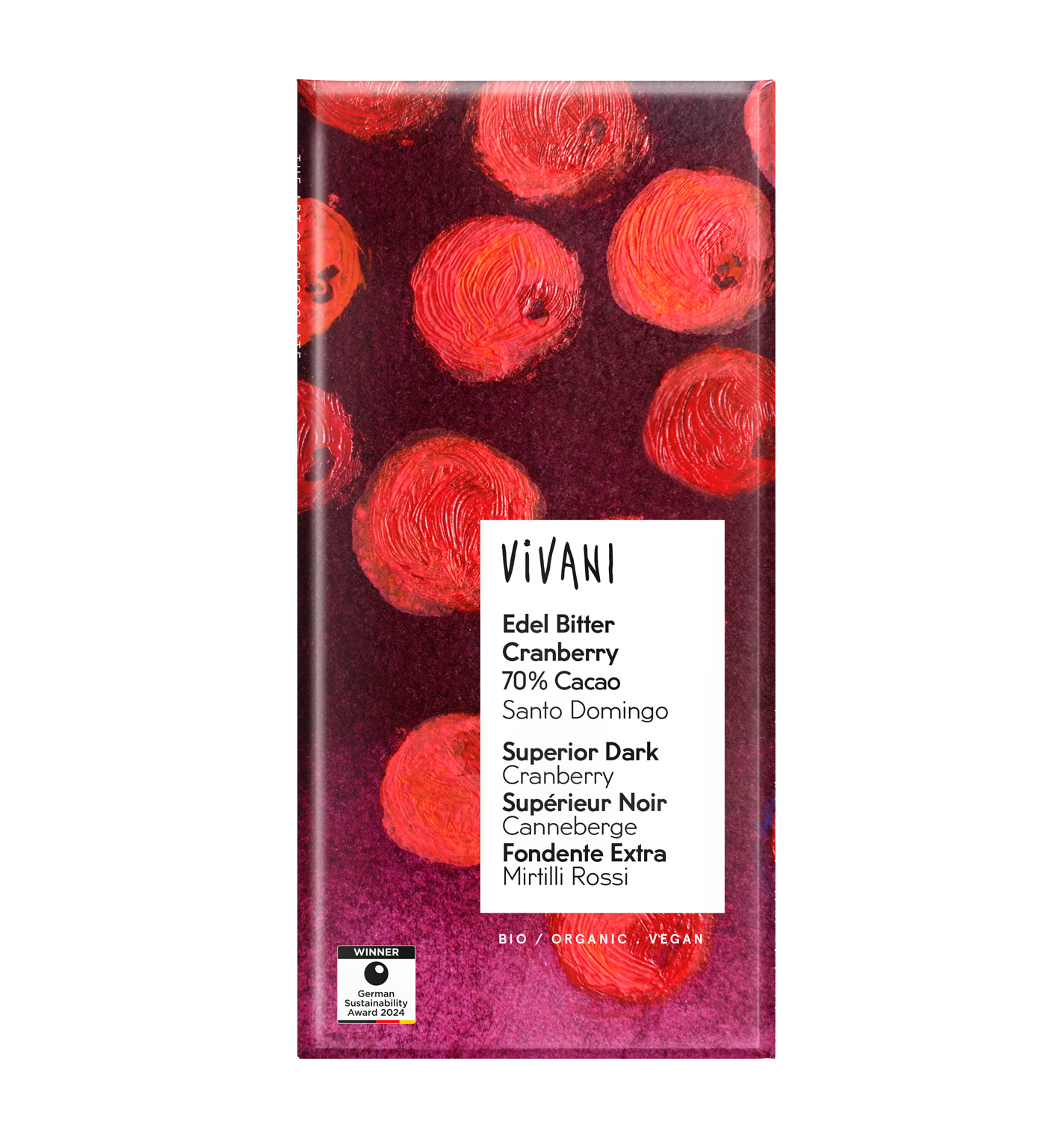 VIVANI's organic and vegan chocolate Superior Dark Cranberry with 70 percent finest Arriba Cocoa from the Dominican Republic.