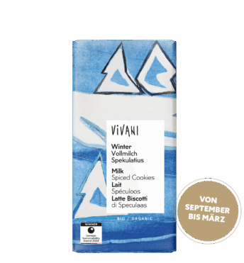 VIVANIs Bio-Vollmilchschokolade in einer Winter-Variante mit Spekulatiusstückchen.