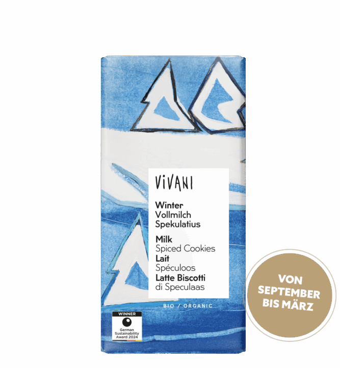 winter-vollmilch-spekulatius-vivani-bio-schokolade-saisonal VIVANIs Bio-Vollmilchschokolade in einer Winter-Variante mit Spekulatiusstückchen.