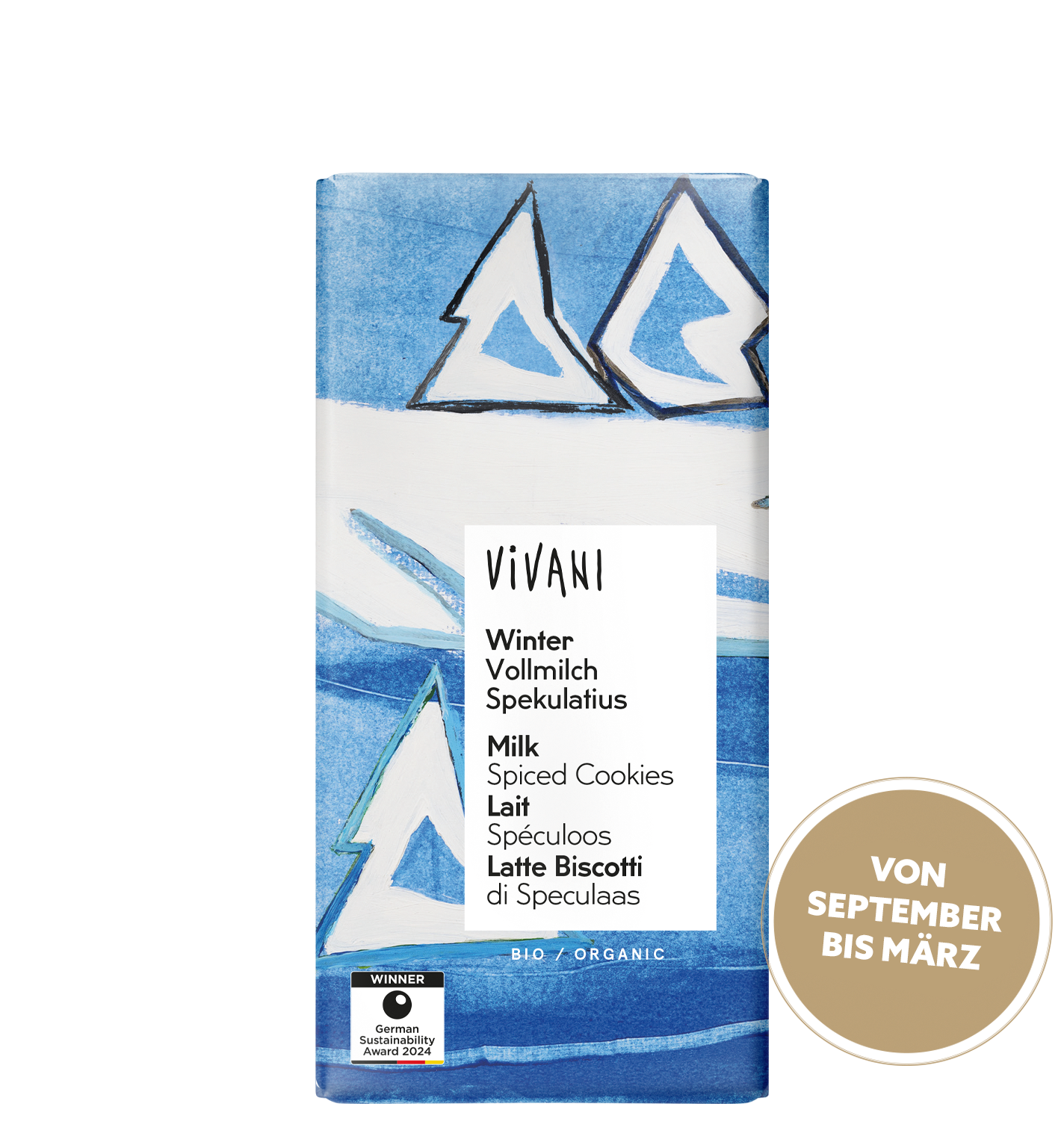 VIVANIs Bio-Vollmilchschokolade in einer Winter-Variante mit Spekulatiusstückchen.